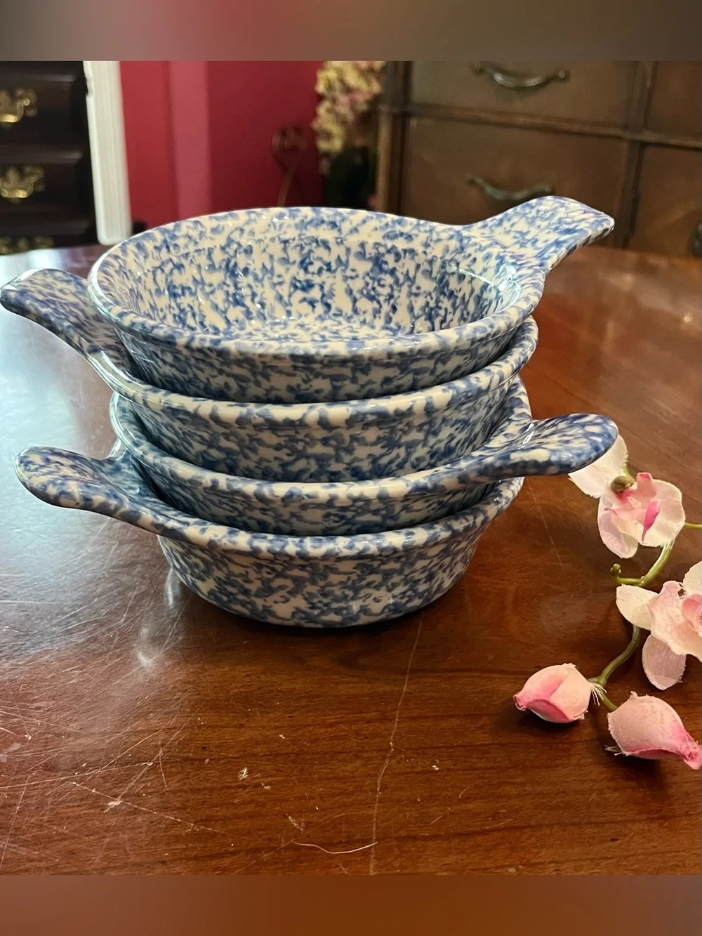 VTG 4-Set Gerald E. Henn Blue Roseville Spongeware Single Handle Soup Bowls